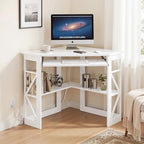 VECELO Corner Desk, Triangle Computer Desk for Small Space with Charging Station and Keyboard Tray, Corner Makeup Table with Storage Shelves for Home Office Bedroom, 41x30, White - Image 2