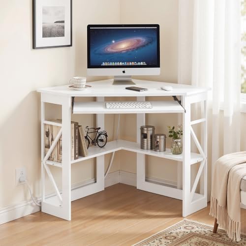 VECELO Corner Desk, Triangle Computer Desk for Small Space with Charging Station and Keyboard Tray, Corner Makeup Table with Storage Shelves for Home Office Bedroom, 41x30, White - Image 2