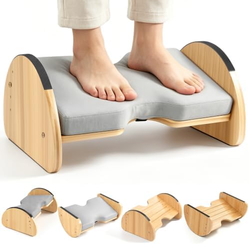 Adjustable Foot Rest Under Desk, Bamboo Wood Foot Stool with Cushion, Rocking Under Desk Footrest, Desk Leg Rest for Home Office by SZSJA