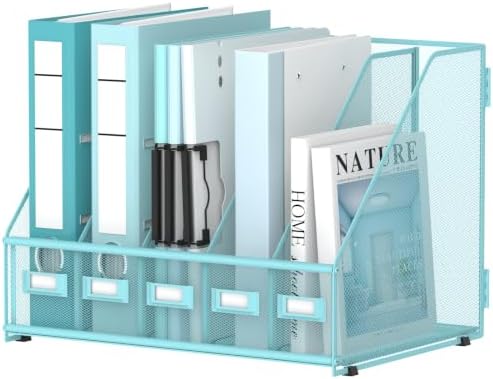 5 Vertical Compartments Magazine File Holder, Metal Binder Organizer, Blue by JMHUD