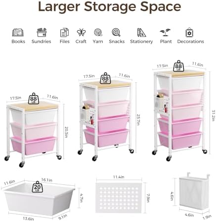 Rolling Cart with 3 Drawers, Plastic Drawer Storage Carts with Lockable Wheels & Wooden Tabletop, Metal Utility Cart Organizer, Office Bedroom Classroom Craft Organization and Storage, Bright Pink - Image 3