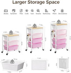 Rolling Cart with 5 Drawers, Plastic Drawer Storage Carts with Wheels & Wooden Tabletop, Metal Utility Cart with Pegboards, Office Living Room Classroom Craft Organization and Storage, Bright Pink - Image 3