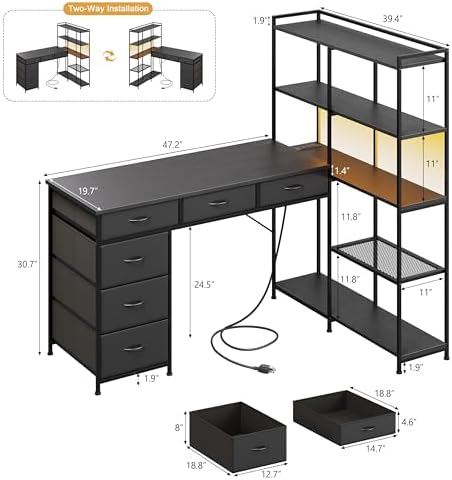 Garvee L Shaped Gaming Computer Desk with 6 Fabric Drawers, Corner Gaming Desk with Open Shelves, Home Office PC Table with Power Outlets & LED Lights, 58.3" l*54.3" h, Black - Image 2