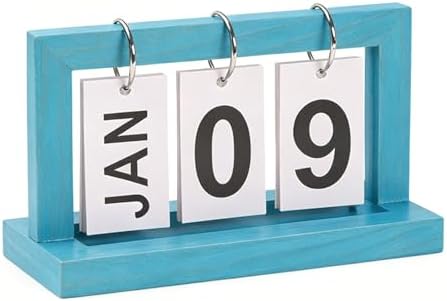 Wooden Perpetual Flip Calendar—Blue Wood Tone—Clean Page Flipper with Sturdy Metal Ring—Reusable Perpetual Date Tracker for Workspace Desk or Shelf - Image 2