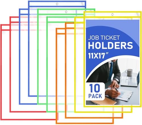 Feifeiya 10 Pack 11 x 17 Inch Job Ticket Holders, Dry Erase Pockets, Clear Paper Sleeves, Shop Ticket Holders, Writable and Erasable Document Cover, Transparent Pocket Cover(Multicolor) by Feifeiya