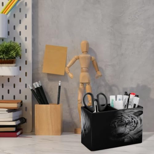 PU Leather Multi-Compartment Pen Holder Desktop Organizer Pencil Cup Storage Caddy for Office Home Supplies White Tiger Isolated on Black Background - Image 6