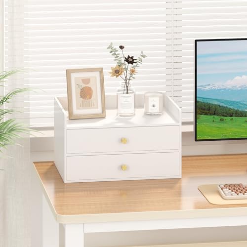 Wisuce Bamboo Desk Organizer with Drawers for Tabletop Storage (White with 2 Drawers) - Image 4