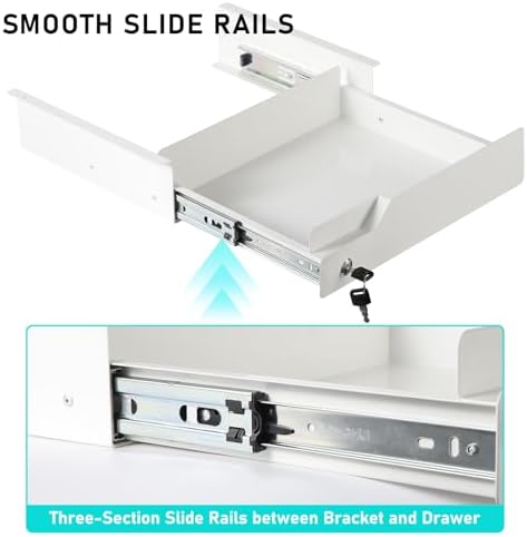 Under Desk Drawer Storage with Lock, Metal Undermount Table Drawer, Ball Bearing Slides Out Tray Organizer for Paper, Pencil, and Laptop 16"x11.8"x3.6", White - Image 4