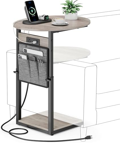 Vagusicc C Shaped End Table with Charging Station, 32" Tall Side Table for Couch and Recliner, Adjustable Height Small Couch Side Table Slide Under Sofa TV Tray Table for Living Room, Bedroom, Greige by Vagusicc