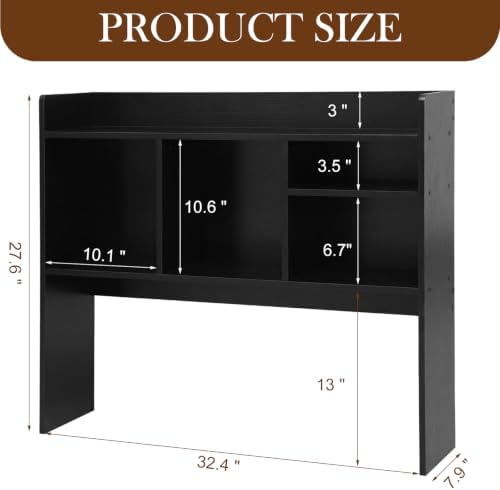 Vercraft Dorm Desk Hutch Wood Desktop Bookshelf 32.4x27.6x8'',Black - Image 3