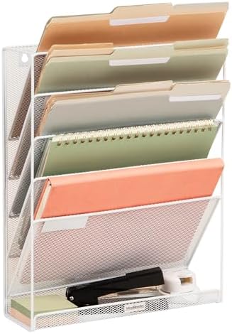 Mind Reader 5-Pocket Vertical File Storage, Desktop Organizer, Wall Mount, Office, Metal Mesh,White by MindReader