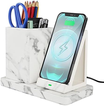 Wireless Charger with Desk Organizer, Wireless Charging Station for iPhone 13/13 Pro Max/13 Pro/12 Series/11/XS Max/XR/X/8Plus/SE 2, Wireless Charging Stand with Leather… (Marble) by LADSTAG