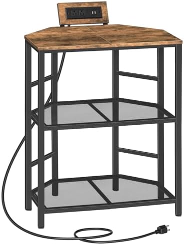 MAHANCRIS Corner Printer Stand with Charging Station, 3-Tier Large Printer Table with Adjustable Feet, Metal Frame Storage Shelf for Office, Living Room, Small Space, Rustic Brown PTHR14E01 by MAHANCRIS