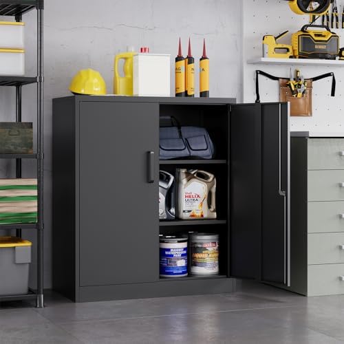 MIIIKO Metal Storage Cabinet with Locking Doors, Black Metal Cabinet with Lock for Home Office, Garage, Utility Room, Kitchen and School - Image 2