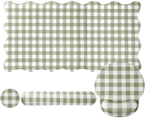 Sabary Gingham Desk Mat Scalloped Sage Green, 31.5 x 15.7 Inch by Sabary