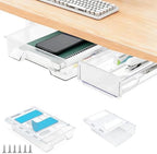 2 Pack 10.91"x 8.23" Under Desk Drawer Storage Organizer, Durable PC Material Self-Adhesive with Slide Out Rail, Hidden Hanging Desk Drawer for Office Supplies, Stationery, No Drilling Install, Clear by Hi-ERA