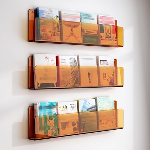 Magazine Holder Vinyl Records Holder 3-Layer Brochure Holder Wall Mount, Hanging Magazine Rack Clear Acrylic Floating Shelves Heavy Duty, Literature Organizer for Office, Kids Room, Home(Orange,L - 40 by Unknown