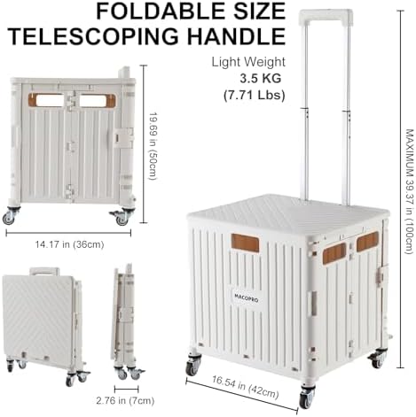 Foldable Utility Cart Folding Portable Rolling Crate Handcart with Durable Heavy Duty Plastic Telescoping Handle Collapsible 4 Rotate Wheels for Travel,Shopping, Luggage, Office, Teacher(White) - Image 4