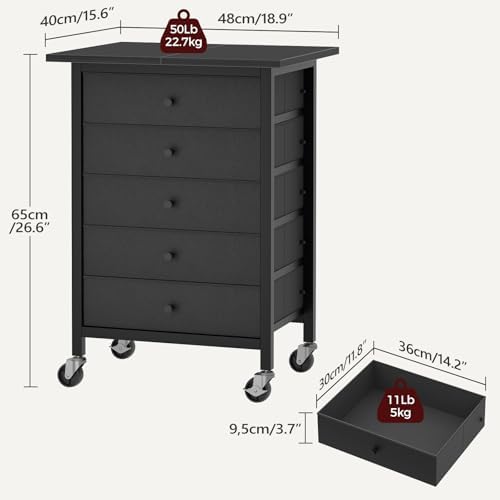 MAHANCRIS 5 Drawer File Cabinet,Rolling Filing Chest Cabinet with Wheels, Under Desk Storage Organizer, Printer Stand with Non-Woven Fabric Drawer, for Home Office, Study, Black FCBK4801 - Image 3