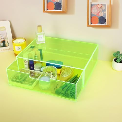 Gelite Acrylic Desk Organizer with Drawer for Makeup Vanity Stackable Desktop Storage Box for Office Supplies, 13.8 x 9.8 x 3.9’’, Neon Green - Image 5