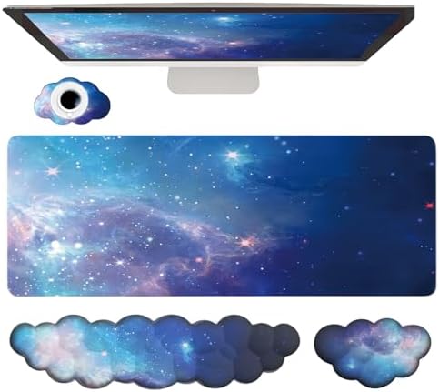 Cloud Wrist Rest Keyboard Galaxy Mouse Pad Set Gradient Blue Large Desk Mat Ergonomic Space Wrist Pad Memory Foam Non-Slip Stars Wrist Support for Computer Laptop Gaming Home Office Relief Typing Pain by WFCYGL