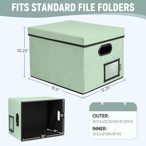 BALEINE File Organizer Box with Lid, Collapsible File Folder Organizer with Plastic Slide, Filing Box for Office Home Document Organizer Storage (Green, 2PK) - Image 4