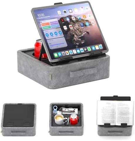 KDD 5 in 1 Tablet Pillow Holder, Foldable iPad Stand with Storage Tray, 2 Cup Holders and Pen Slot, Adjustable Reading Pillow for Lap, Bed, Desk and Couch Compatible with iPad Pro 12.9, Air, E-Reader by KDD