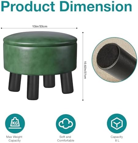 Small Foot Stool Ottoman with Storage, Faux Leather Ottoman Foot Rest for Couch, Round Footstool Ottomans for Living Room (Green) - Image 2