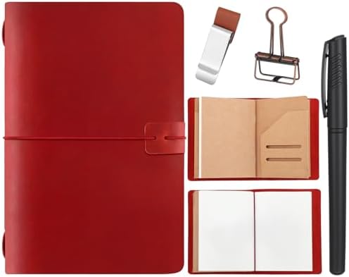Traveling Refillable Leather Journal Notebook, Wine Red, A5 Size by Thenshop