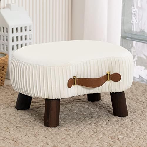 LUE BONA Small Curved Foot Stool with Handle, Beige Velvet Footstool and Ottomans, Modern Foot Rest with Wooden Legs, Step Stool with Padded Seat for Couch, Living Room by LUEBONA