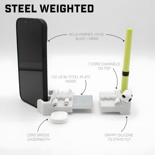 DeskBrick 2PK Silicone + Steel-Weighted Cord Holders for Desks. Weighted Cord Organizers & Cable Management for Desktops. Useful Phone Accessories & Cable Holders for Offices. No Adhesive. Light Gray - Image 2