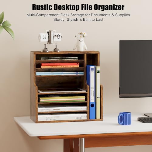 Wood Desktop File Holder Organizer Mail Sorter for File Folders, Mails, Envelopes or Magazines, 8 Compartments (Brown) - Image 3