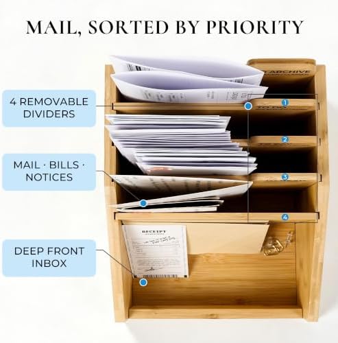 Bamboo Mail Organizer, 5-Section Countertop Mail Holder - Image 3
