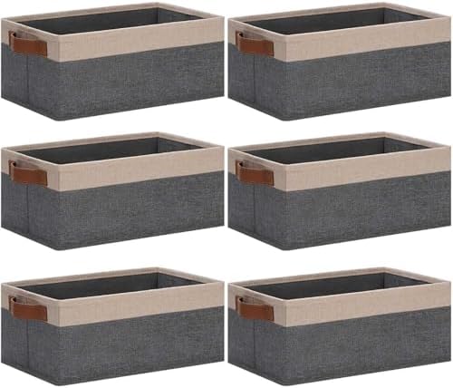 GhvyenntteS Small Fabric Storage Bins 6 Pack, 11.8" x 7.87" x 5.11" Storage Basket with Leather Handles, Closet Storage Bins for Shelves, Storage Baskets for Shelves, DVD Storage (Grey/Beige Yellow) by GhvyenntteS