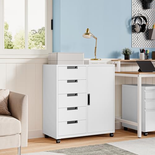 MIIIKO 5 Drawer Storage Cabinet with Door and Shelf, Mobile Lateral Cabinet on Wheels, Office Small Organizer Printer Stand, White File Cabinets - Image 6