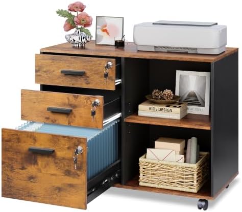 DEVAISE 3-Drawer File Cabinet with Lock, Wood Filing Cabinet, Rustic Brown by DEVAISE