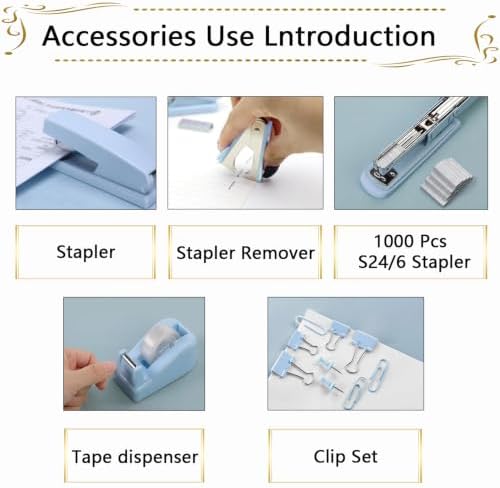 Office Supplies,Blue Desk Accessories,Stapler and Tape Dispenser Set with Stapler,Tape Dispenser,Staple Remover,Staples,Clips,Scissors and Tabs,Gift for Student,Teacher,Coworkers,Business,Gift 9pcs - Image 2