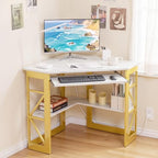 VECELO Corner Desk, Triangle Computer Desk for Small Space with Charging Station and Keyboard Tray, Corner Makeup Table with Storage Shelves for Home Office Bedroom, 41x30, Gold - Image 6