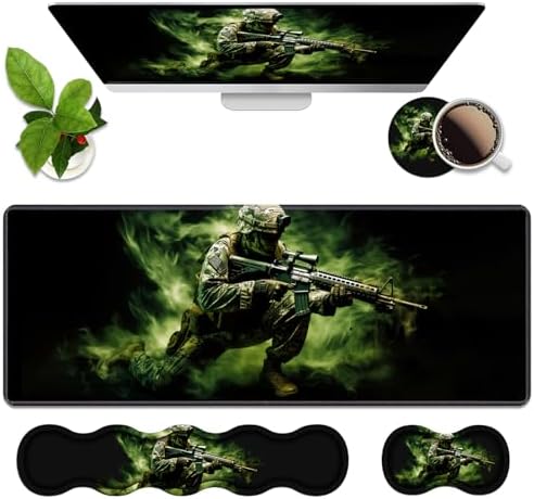 4 in 1 Ergonomic Memory Foam Mouse Pad Wrist Rest Set, Large XXL Gaming Desk Pad + Keyboard Wrist Rest + Mouse Wrist Cushion + Coaster for Home Office Study Gaming, American Army Troops Soldiers by Unknown