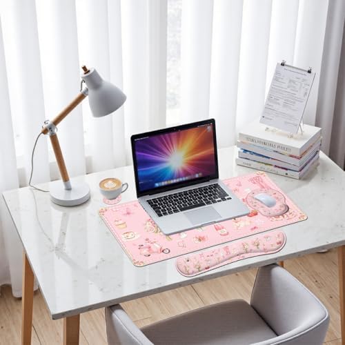 Pink Collage Desk Mat Set Coquette Floral Cute Aesthetic Large Mouse Pad with Wrist Rest 4in1 Desk Mat for Desktop Ergonomic Computer Desk Arm Wrist Anti-Slip Computer Mouse Pad Home Office Gaming - Image 7