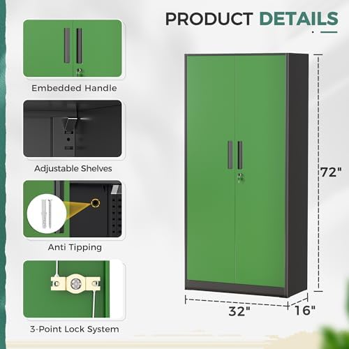 Greenvelly Metal Garage Storage Cabinet, 72" Tall Steel Storage Cabinets with Doors and Adjustable Shelves, Metal Tool Cabinets, Locking File Cabinet for Home Office, Garage, School (Black&Green) - Image 3