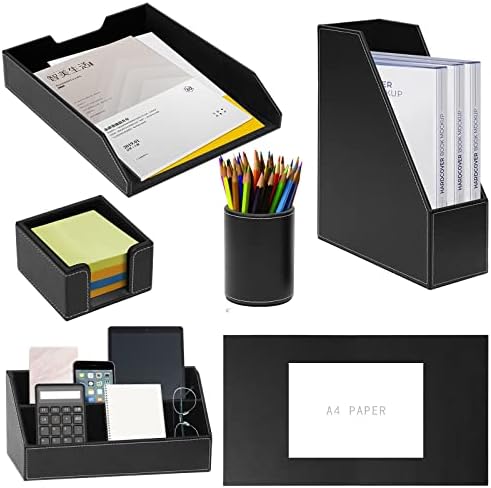 Office Supplies PU Leather 6-Piece Set Desk Organizer,Include Writing Pad,Letter Tray,file folder Sorter/Magazine Holder,Pen Cup,Note Holder,Business Card Holder,Man/Woman Office Gift,Black by XNONE