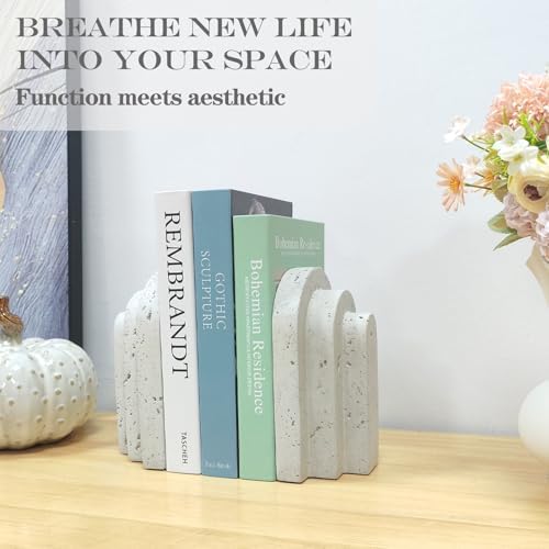 Decorative Book Ends for Shelves - Boho Aesthetic Bookends Decor - Heavy Duty Travertine Book Stopper Holder for Home Office Desk Coffee Table (Grey) - Image 5