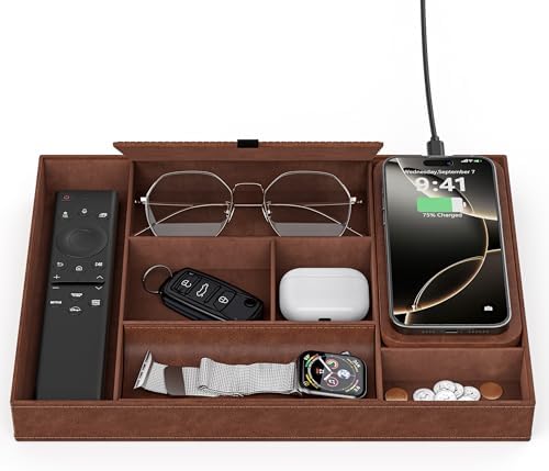 Leather Valet Tray with Wireless Charging Pad - Luxury EDC Nightstand Organizer for Men - Premium Desk Tray for Phone, Watch, Glasses & Keys - Sleek Office Desk Accessories & Gift for Him, Brown by wirelessfuturecharger