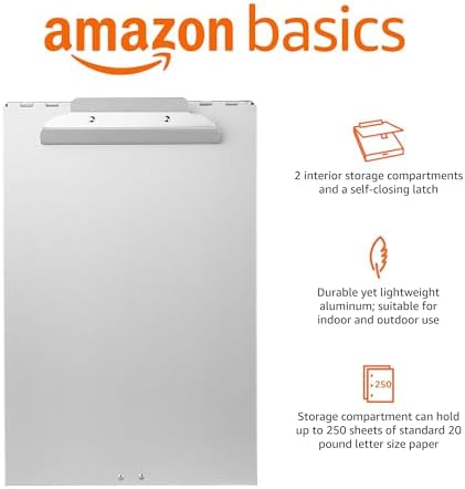 Amazon Basics Metal Clipboard with 2 Storage Compartments, Letter Size, 250 Sheet Capacity, Office Supplies with Self-Closing Latch, 14.1 x 9.2 x 2.6 inches, Silver - Image 2