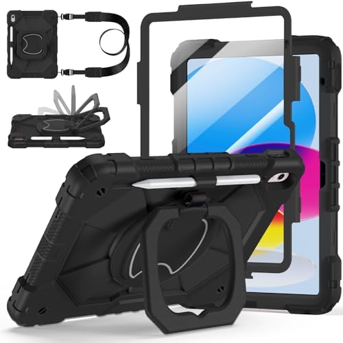 Case for iPad (A16) 11th/10th Generation 11/10.9 Inch 2025/2022, Ubearkk for iPad a16 case with Screen Protector, 360 Degree Rotating Stand Shoulder Strap Pencil Holder,Black by Ubearkk