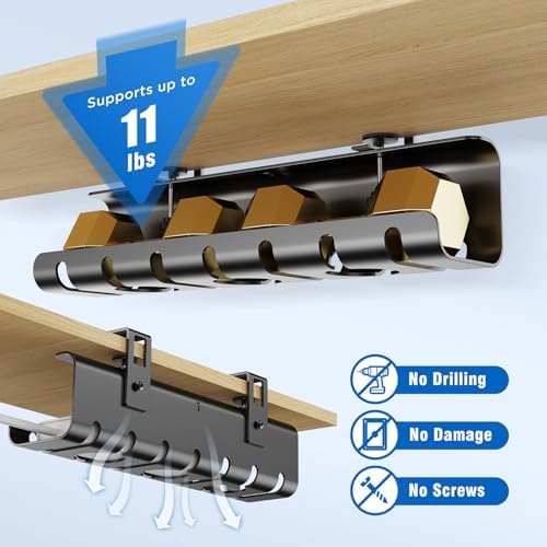 2 Pack No-Drill Under Desk Cable Management Tray 33.8 inch Large Wire Cord Organizers, Cable Management Under Desk for Home and Office No Damage Black - Image 3