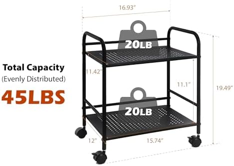 SunnyPoint 2-Tier Metal Rolling Utility Cart – Mobile Storage Shelf with Caster Wheels – Small Space Organizer for Home, Office, Bedroom, Kitchen (BLK) (Pack of 2) - Image 5