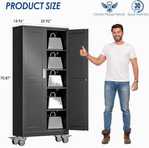 GAIOUS Metal Garage Storage Cabinet with Lock, Steel Tool Cabinet with 2 Door and 4 Adjustable Shelves, 71” Tall Lockable File Cabinet with Wheels, Rolling Cabinet for Home Office Garage Gym - Black - Image 2