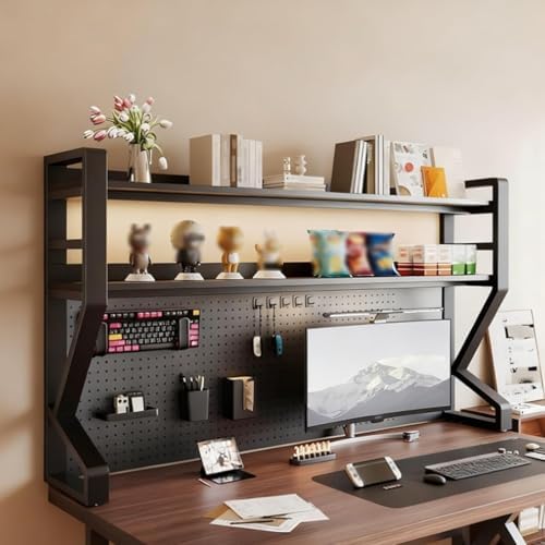 2/3 Tier Desk Shelf with Pegboard & Storage Accessories, Metal Desk Storage Organizer Shelf Space-Saving, DIY Table Countertop Shelves for Dorm, Office(Black+Black,95 * 55cm/37.4 * 21.7in) by Unknown